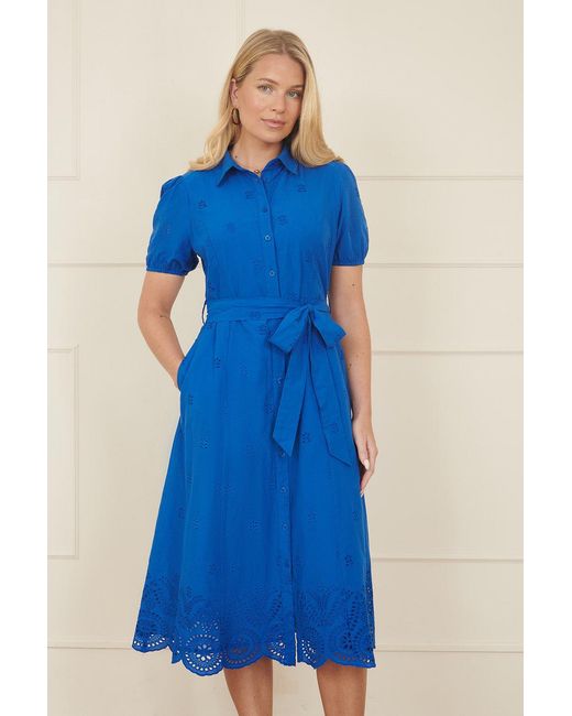 Yumi' Blue Cotton Shirt Midi Dress With Cut Out Details