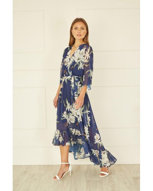 Yumi' Blue Floral Kimono Sleeves Dip Hem Wrap Midi Dress