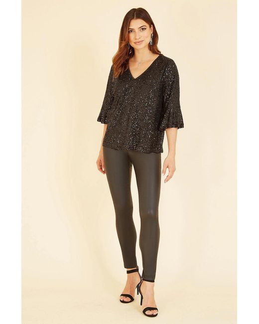 Yumi' Black Sequin Top With Fluted Sleeve
