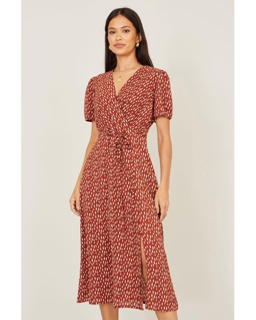 Yumi' Brown Spot Wrap Midi Dress