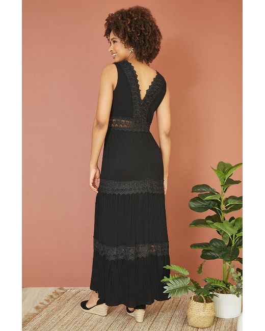 Yumi' Black Lace Trim Cotton Midi Sun Dress