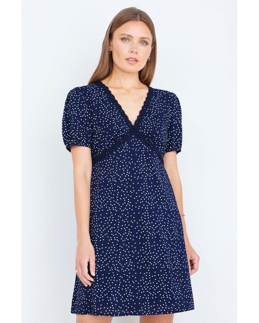 Yumi' Blue Spot Print Lace Trim Skater Dress