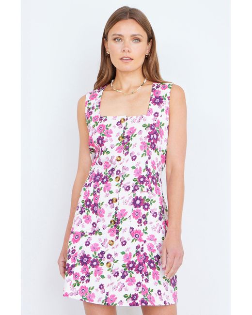 Yumi' White Retro Floral Cotton Stretch Pinafore Dress