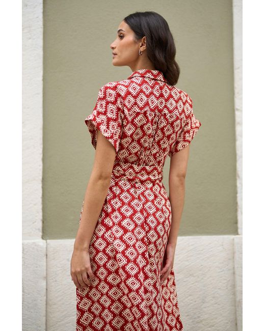 Yumi' Red Viscose Midi Shirt Dress With Matching Belt