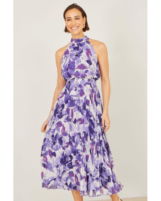 Yumi' Purple Abstract Floral Halter Neck Pleated Midi Dress
