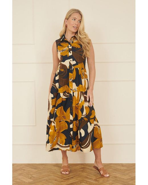 Yumi' Blue Cotton Leaf Midi Sleeveless Shirt Dress