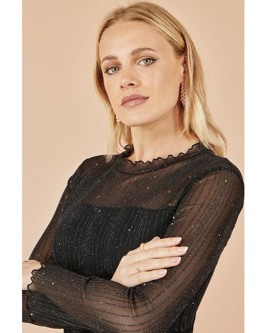 Yumi' Black Sparkle Print Mesh Stretch Fitted Top