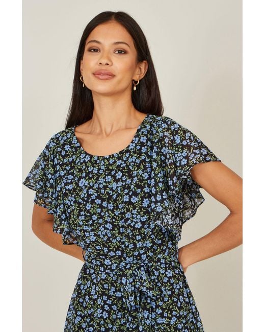 Yumi' Blue Ditsy Print Floral Skater Dress