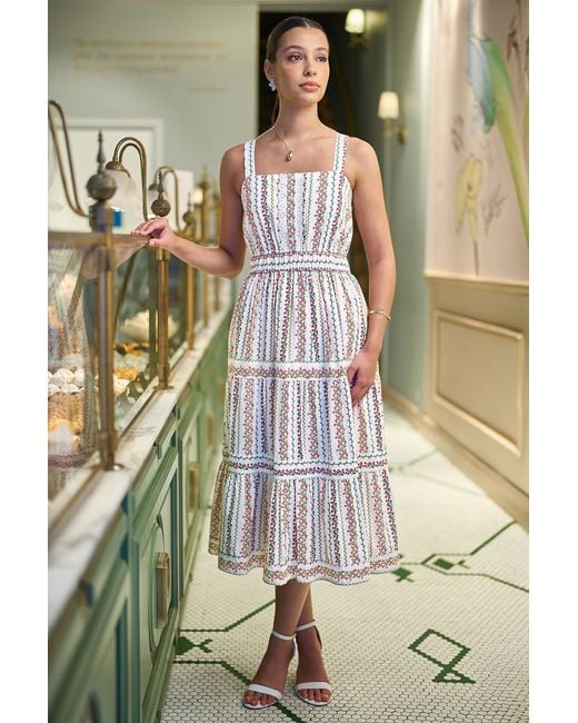 Yumi' White Botanical Stripe Midi Dress With Lace Trims