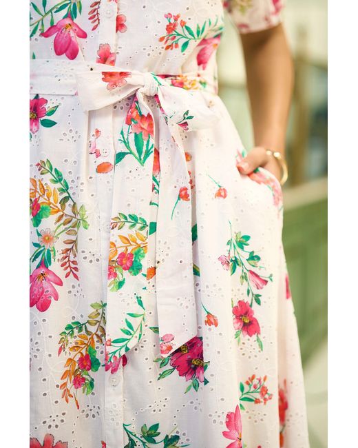 Yumi' Green Floral Print Cotton Broderie Anglaise Midi Shirt Dress
