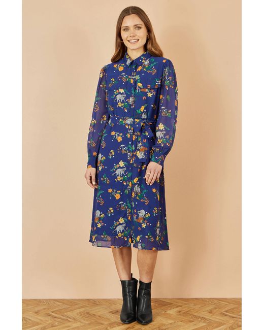Yumi' Blue Recycled Raccoon Print Shirt Midi Dress