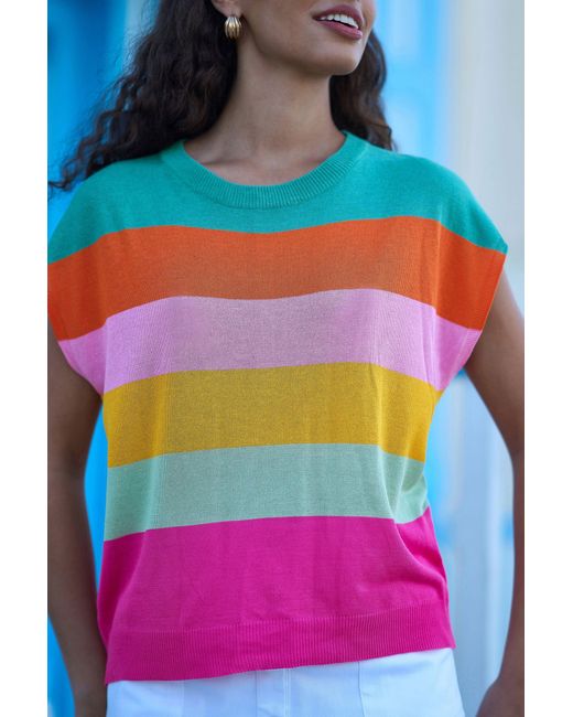 Yumi' Blue Multicolour Block Stripe Relaxed Knitted Top
