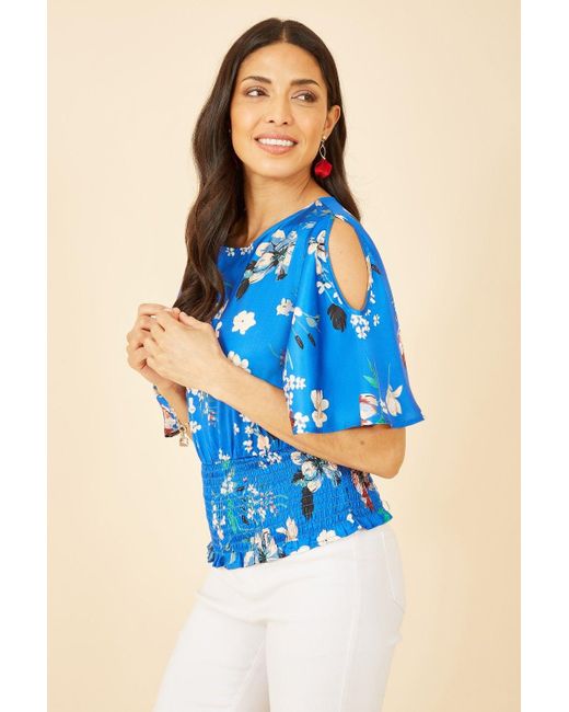 Yumi' Blue Floral Satin Top With Angel Sleeves