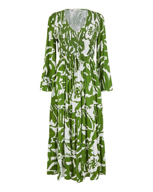 Yumi' Green Abstract Print Ruched Midi Dress With Long Sleeves