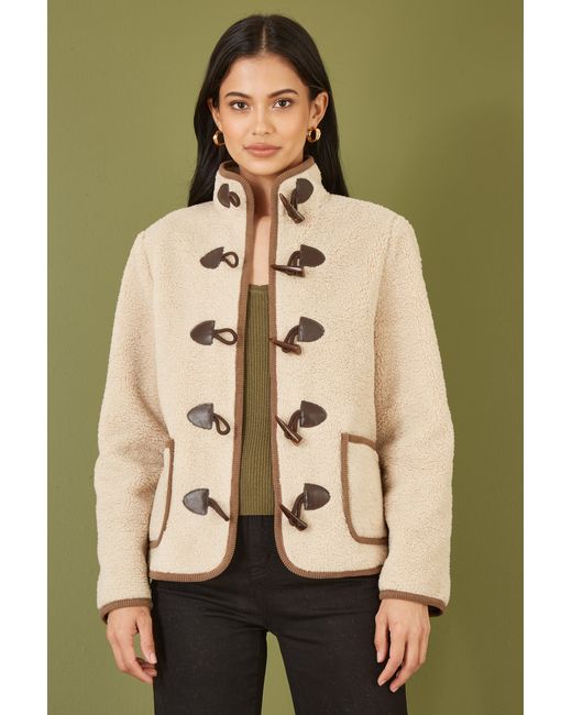 Yumi' Natural Borg Jacket With Faux Leather Button Details