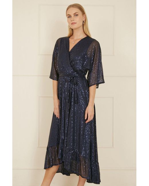 Yumi' Blue Sequin Kimono Midi Wrap Dress