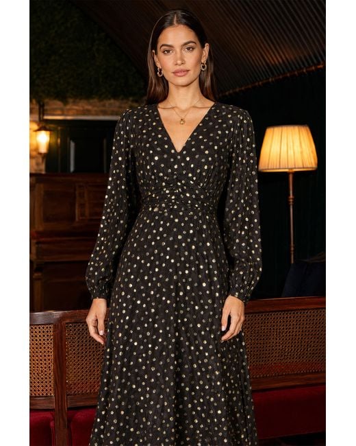 Yumi' Black Foil Print Midi Dress