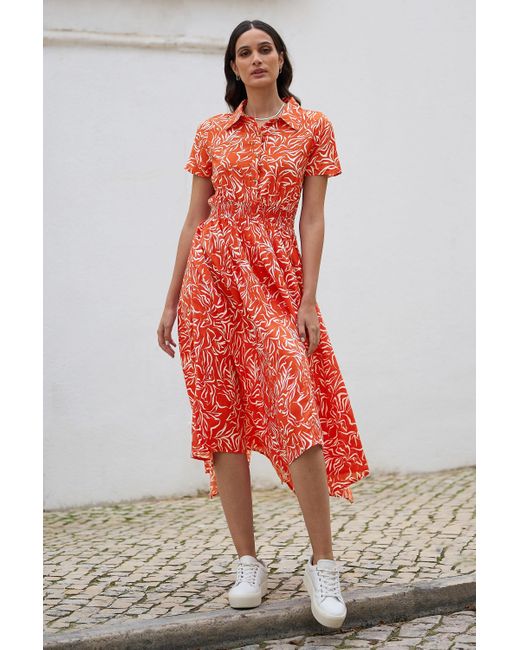 Yumi' Red Tropical Leaf Print Midi Ruched Shirt Dress