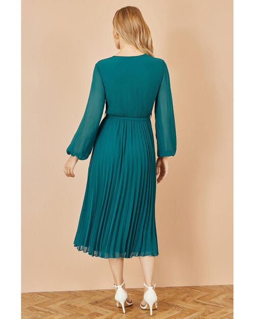 Yumi' Blue Pleated Wrap Midi Dress With Sheer Long Sleeves