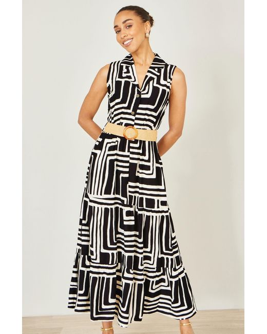 Yumi' White Viscose Geo Print Midi Shirt Dress With Matching Belt