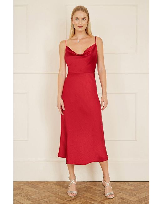 Yumi' Red Satin Cowl Neck Midi Slip Dress