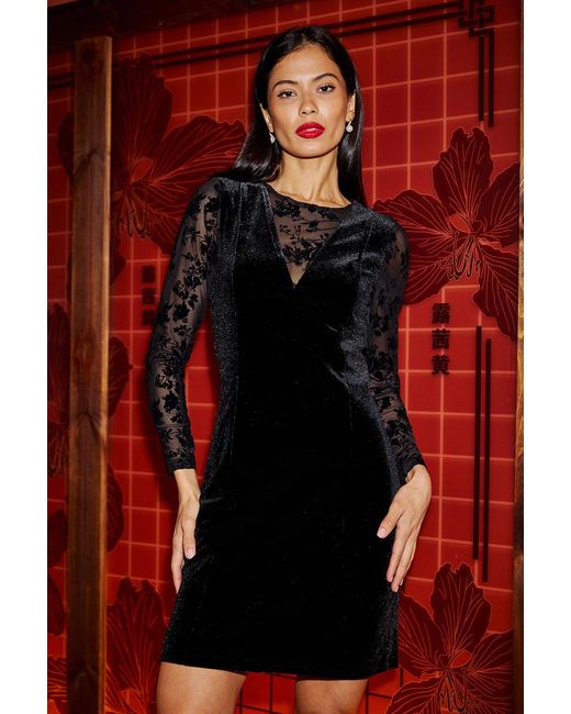 Yumi' Red Fitted Velvet Dress With Sheer Floral Sleeves