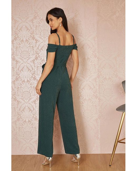 Yumi' Green Sparkle Stretch Bardot Jumpsuit