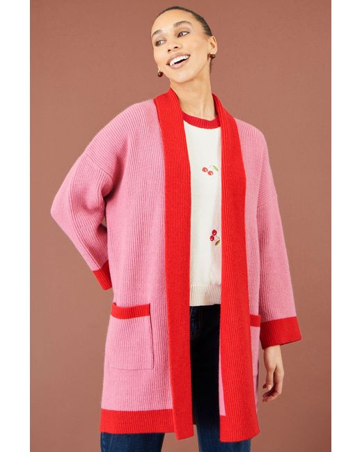 Yumi' Red Contrast Knitted Cardigan