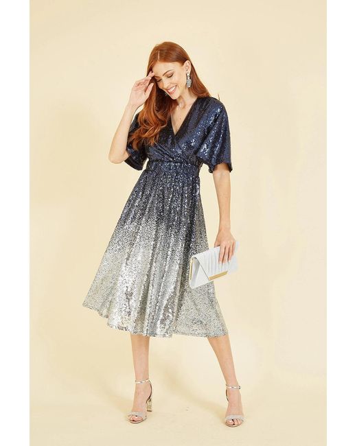 Yumi' Blue And Ombre Sequin Midi Wrap Dress