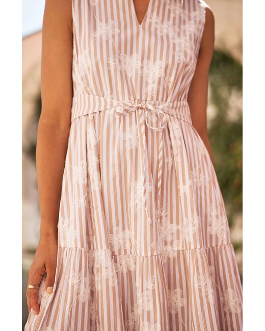 Yumi' Pink Stripe With Embroidered Flower Cotton Dress