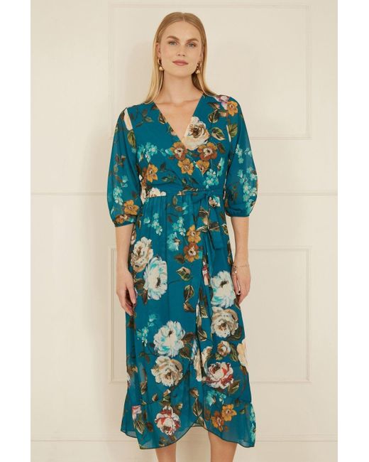 Yumi' Blue Watercolour Dip Hem Midi Wrap Dress