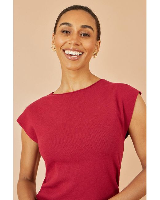 Yumi' Pink Knitted Ruched Midi Dress