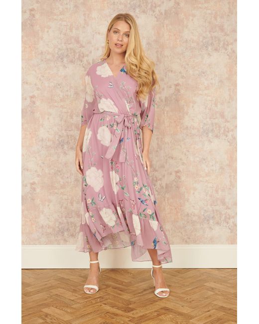 Yumi' Pink Bird And Floral Print Midi Wrap Dress