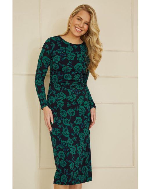 Yumi' Blue Floral Fitted Mesh Midi Dress With Long Sleeves