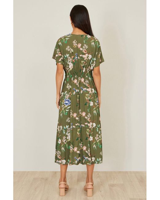 Yumi' Green Viscose Floral Print Midi Dress With Ruched Waist