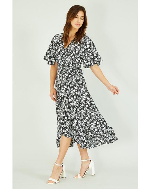 Mela Black Ditsy Daisy Wrap Effect Frill Dress