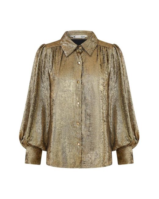 Yumi' Brown Metallic Relaxed Balloon Sleeve Shirt