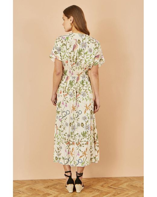 Yumi' Natural Ivory Floral Print Ruched Waist Midi Dress With Kimono Sleeves