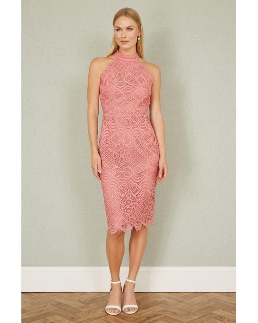 Yumi' Pink Lace Halter Neck Dress