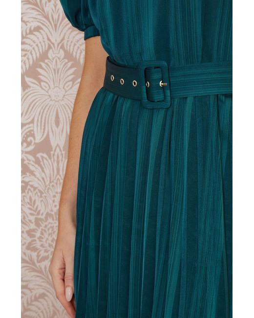 Yumi' Blue Satin Striped Midi Dress With Pleats And Matching Belt