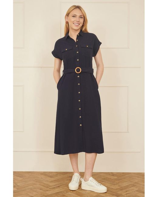 Yumi' Blue Viscose Linen Look Midi Shirt Dress With Wooden Belt