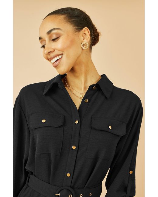 Yumi' Black Stretch Midi Shirt Dress