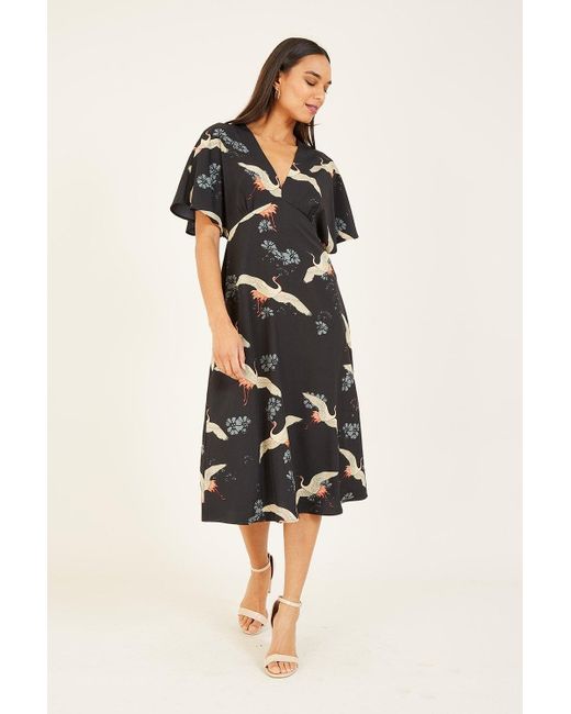 Yumi' Black Crane Print Kimono Midi Dress