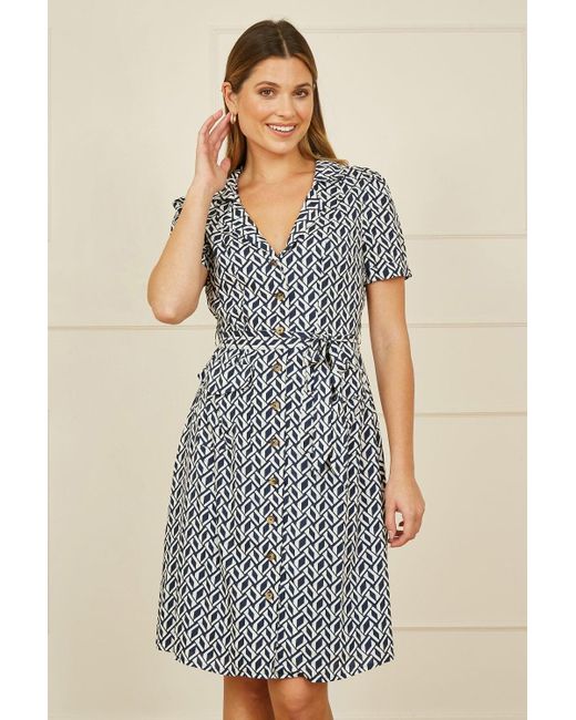 Yumi' Blue Geo Print Retro Style Shirt Dress