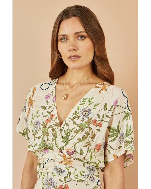 Yumi' Natural Ivory Floral Print Ruched Waist Midi Dress With Kimono Sleeves