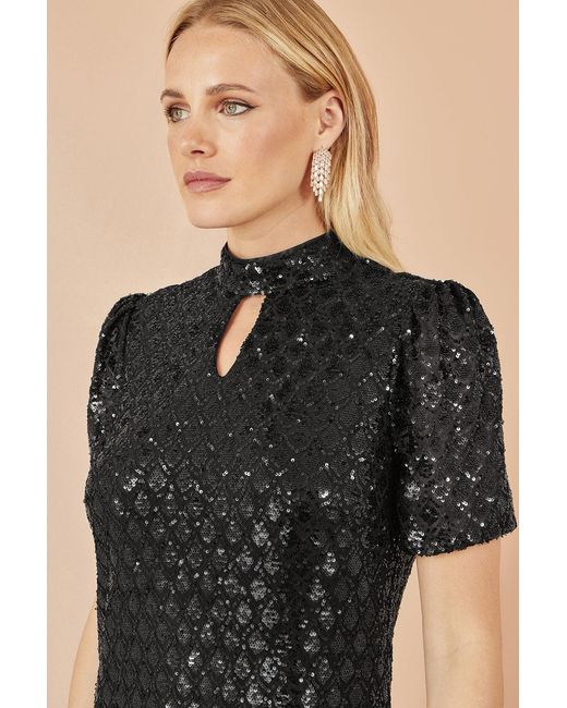 Yumi' Black Sequin Tunic Dress With Chevron Pattern & Keyhole Neckline