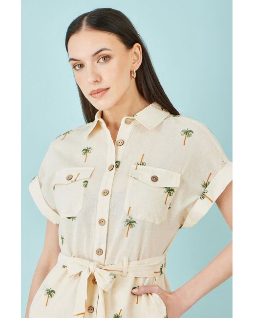 Yumi' Natural Embroidered Palm Print Cotton Playsuit