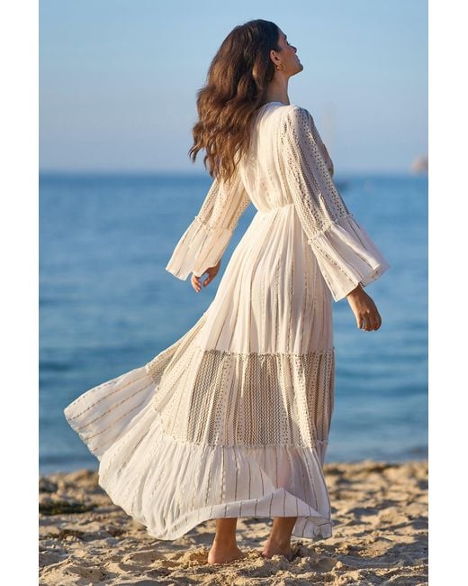 Yumi' Blue Metallic Embellished Maxi Dress With Long Sleeves