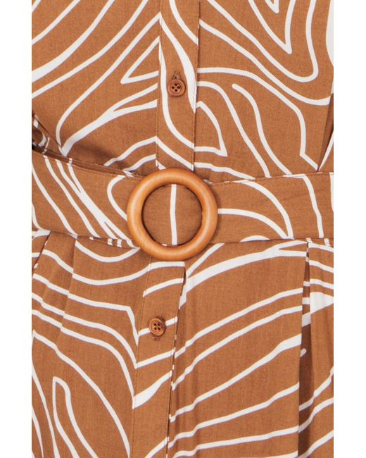 Yumi' Brown Abstract Swirl Print Relaxed Midi Shirt Dress With Belt