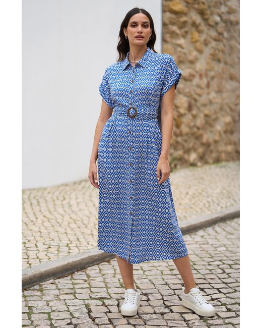 Yumi' Blue Viscose Midi Shirt Dress With Matching Belt